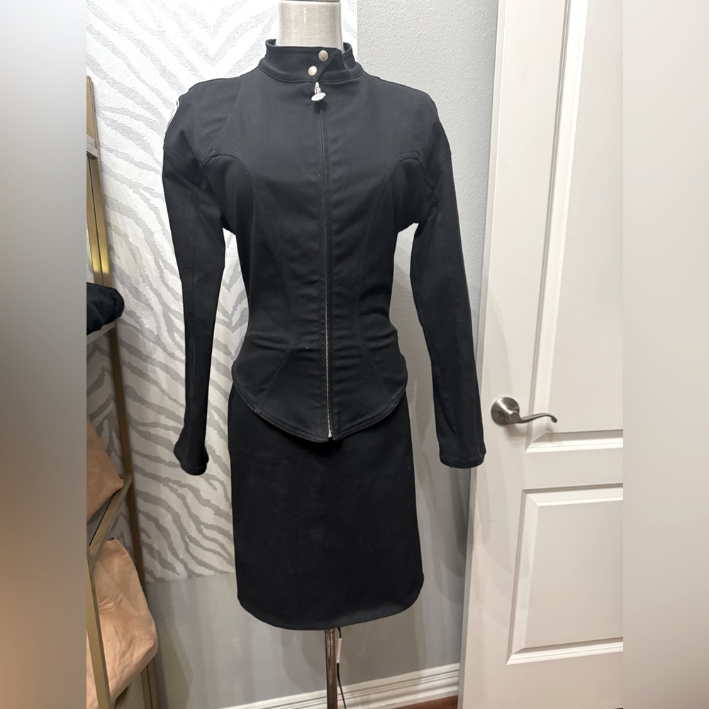 Vintage Thierry Mugler Black Denim Moto Jacket and Skirt Ensemble.